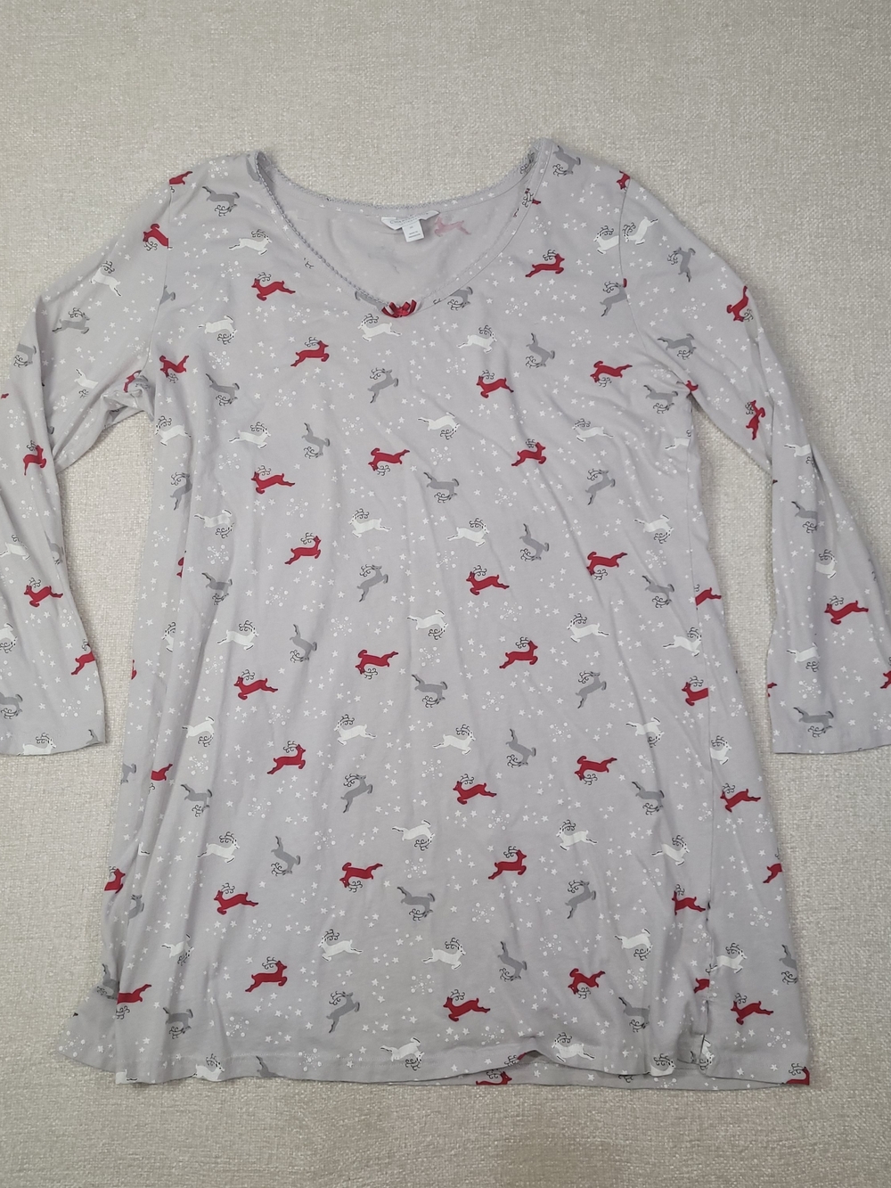 Charter Club Gray Long-Sleeve Nightgown with Red and White Reindeer Print